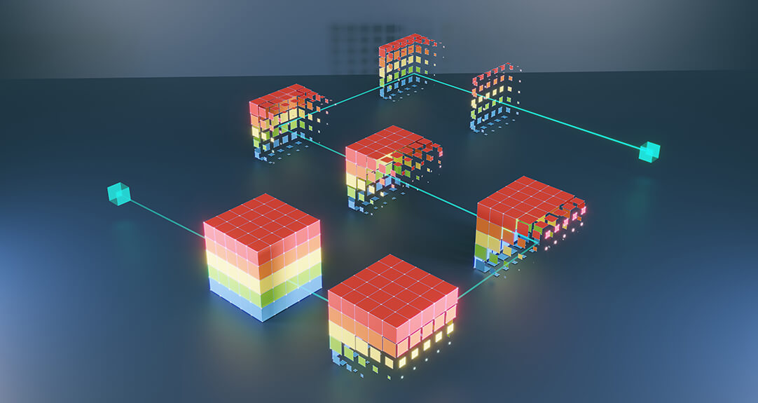 A digital illustration of a blockchain concept with glowing, interconnected cubes of varying colors representing blocks in a network.