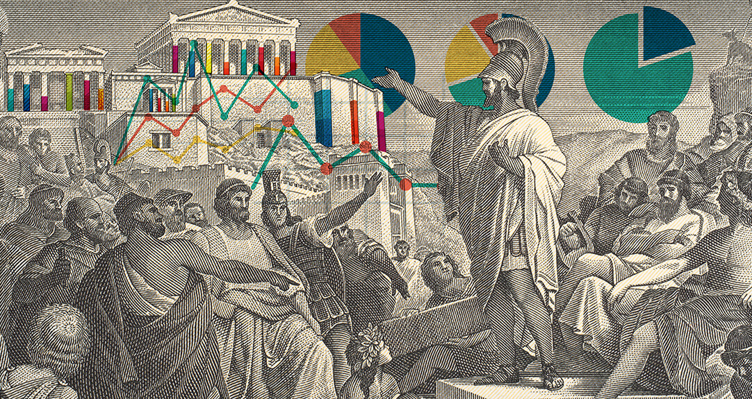 A juxtaposition of an ancient setting with contemporary graphic representations of data—bar graphs, pie charts, and trend lines to represent the history of actuarial science.