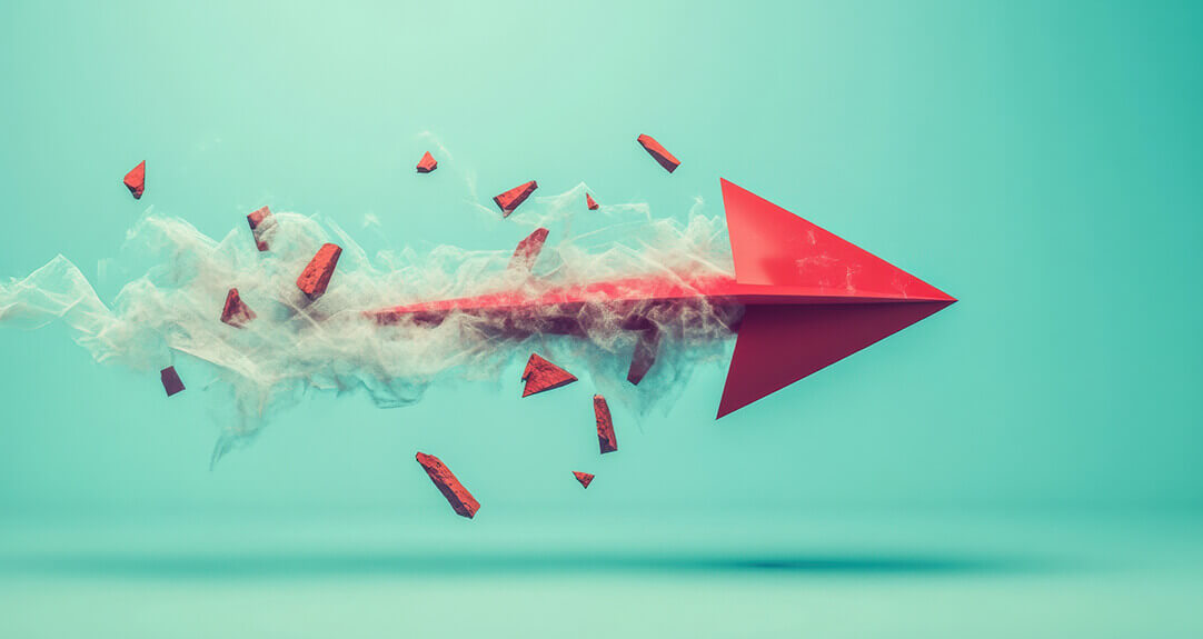 Dynamic red arrow breaking through barriers with smoke on a turquoise background