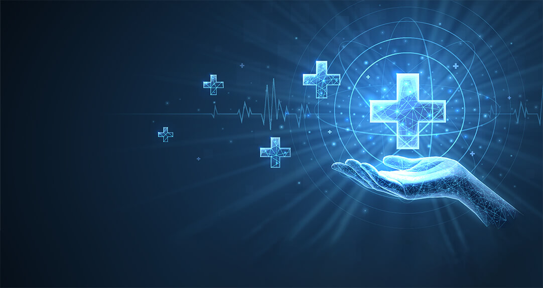 A computer-generated illustration of a hand with symbols denoting health care floating above and nearby.