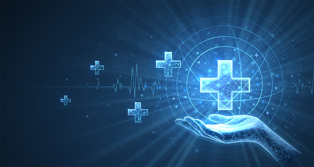 A computer-generated illustration of a hand with symbols denoting health care floating above and nearby.