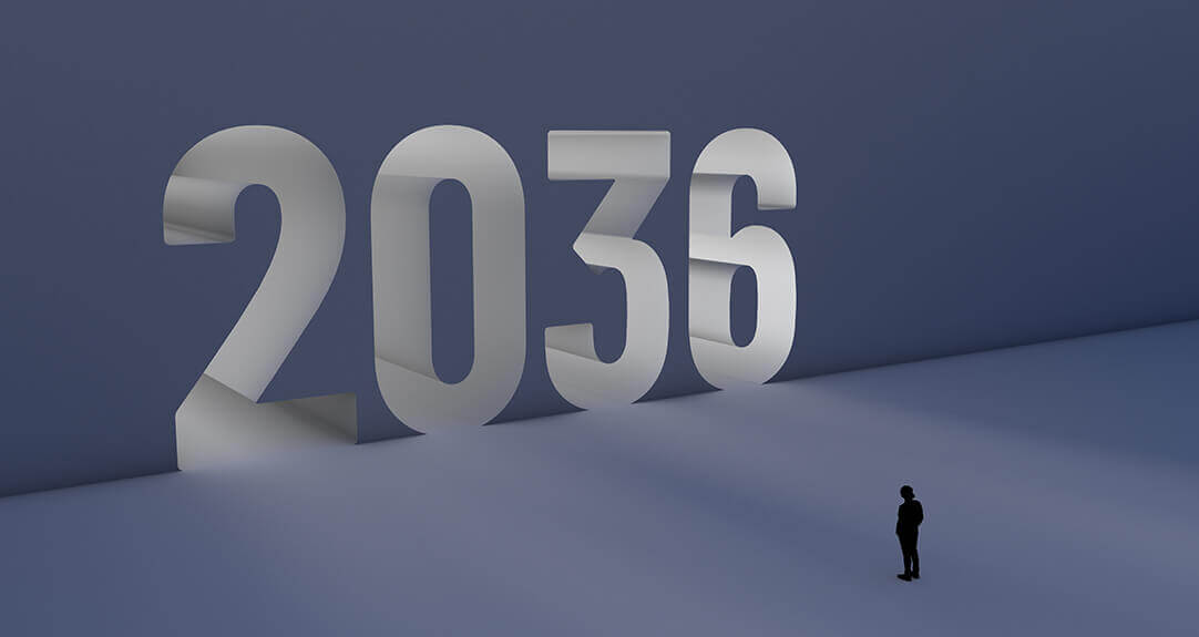 A silhouette of a human figure looks at a wall with “2036” shown in large, cutout numbers