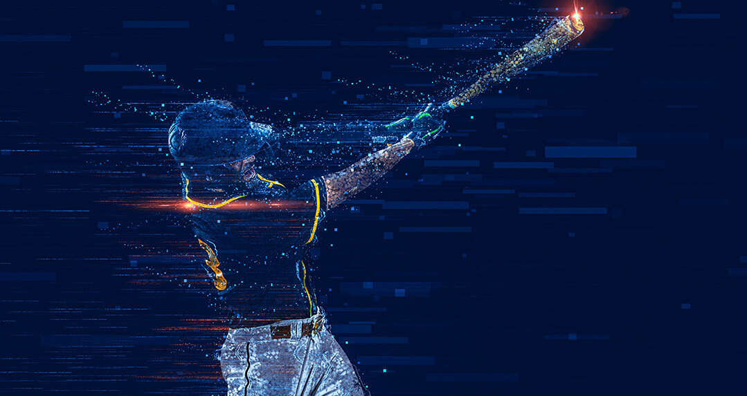 A stylized image of a baseball player taking a big swing.