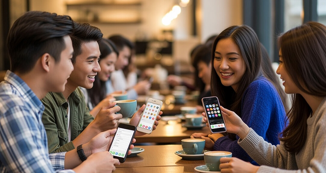Young professionals gathered around a table share contact information on their smartphones.