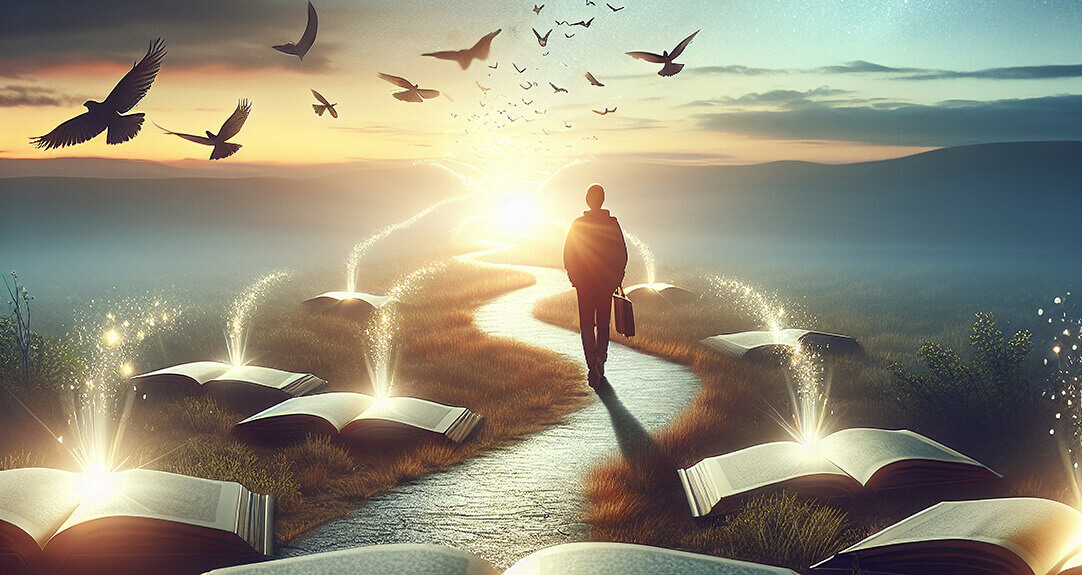 A young man walks on a sunlit path. Streams of sparkling light flow from open books alongside the path and converge in a glowing light on the horizon.