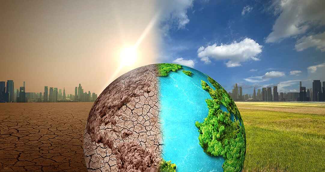 An illustration of a globe in a landscape; half the globe is dry and barren while the other half is clean and lush.
