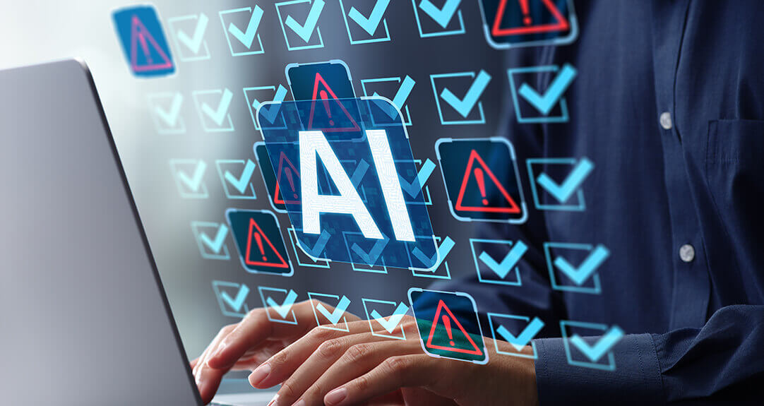 Hands operate a laptop keyboard with superimposed images of the acronym “AI” along with an array of check marks and error alerts.