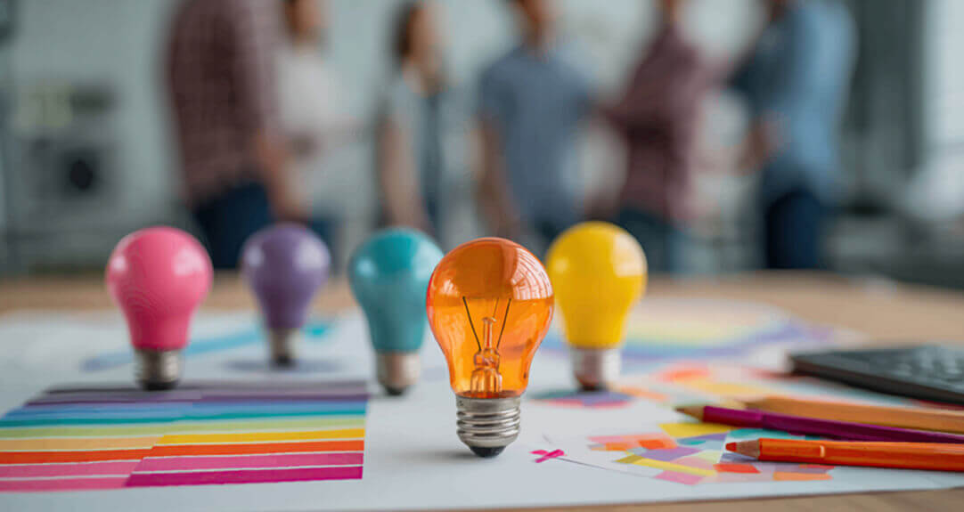 Several brightly colored light bulbs stand upright on a desk strewn with colorful markers and graphs.