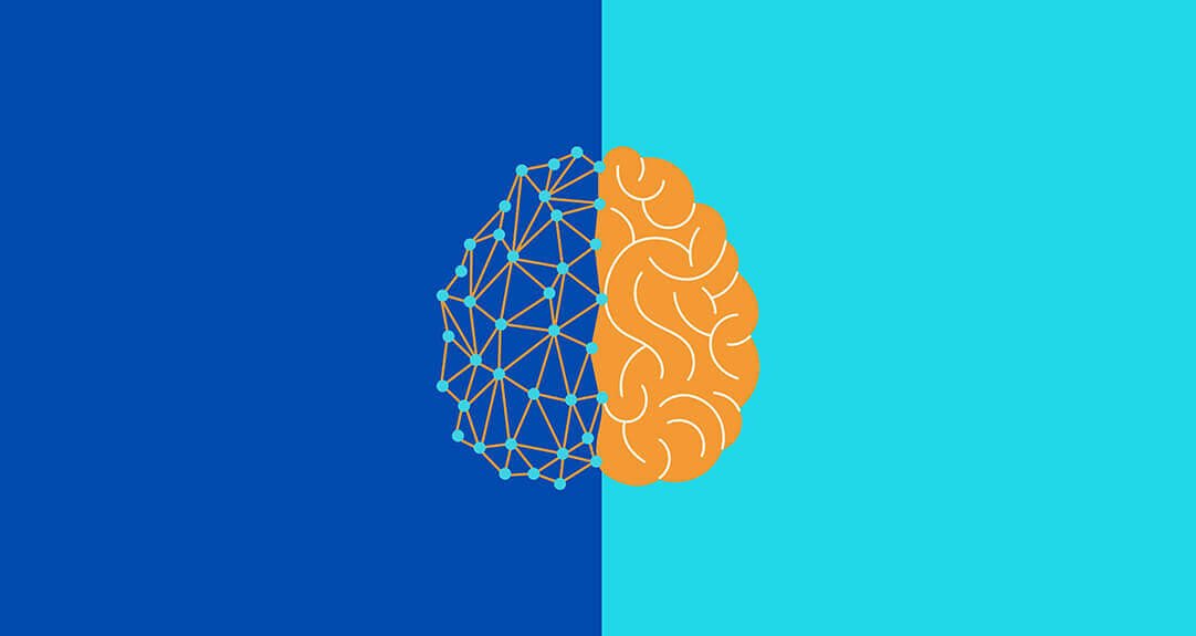 A graphic representation of a human brain with one half looking organic and the other half as points connected by lines.